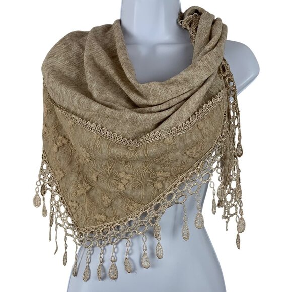 Elegant Boho Beige Triangle Scarf w/ Lace & Teardrop Tassel Fringe Detail - Picture 2 of 4
